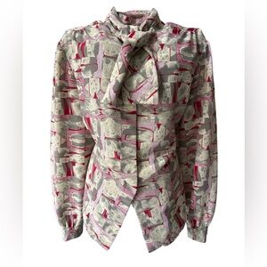 VTG 1980s Women’s Abstract Print Secretary Blouse With High Neck Bow Collar. M.